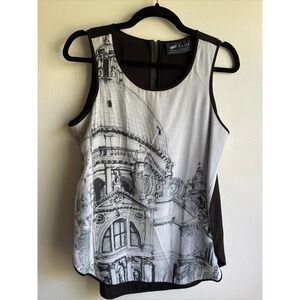 VIDA Sleeveless Top Womens Medium Black White Architectural Sketch Art Cathedral